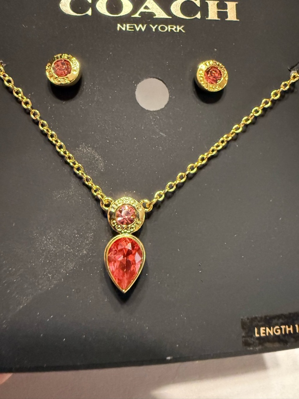 New COACH Open Circle Red Necklace And Pear Earrings Set Logo